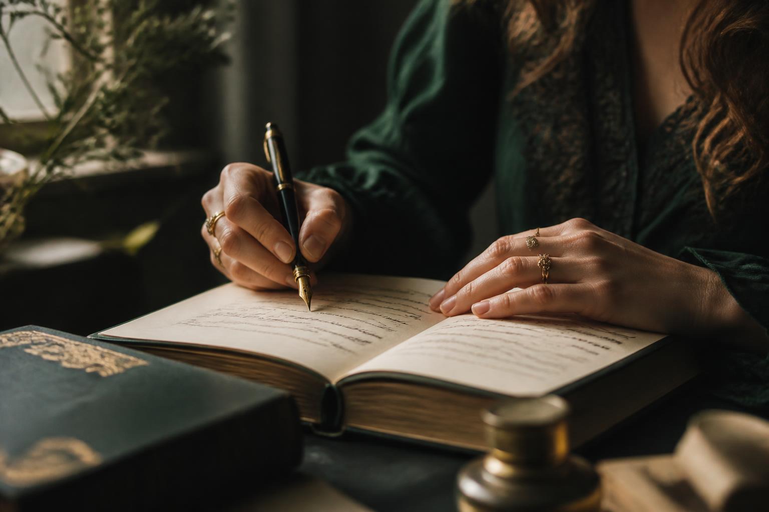 Handen die schrijven in een opengeslagen boek met een vulpen